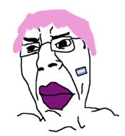 glasses pink_hair purple_lipstick soyjak subvariant:suspicious_chudjak tranny transgender_flag variant:chudjak // 814x888 // 12.3KB