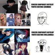 arm closed_mouth colorful_hair concerned dyed_hair egirl eyes_popping fashion frown glasses goth goyslop hand hands_up makeup millenial millennial open_mouth place_japan skirt soyjak stubble subvariant:waow text tiktok tongue variant:soyak waow yellow_teeth zoomer // 1200x1200 // 467.2KB