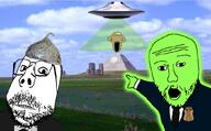 3soyjaks alien central_intelligence_agency grass green_skin irl irl_background pyramid sky soyjak subvariant:scholar tin_foil trend:glowie ufo variant:gapejak variant:markiplier_soyjak variant:two_pointing_soyjaks // 1047x647 // 574.3KB