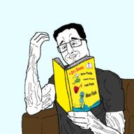 book cat_in_the_hat chair dr_seuss fish glasses hair holding_book holding_object multiple_soyjaks muscles one_fish_two_fish_red_fish_blue_fish reading smile subvariant:chud_reading variant:brandon variant:chudjak variant:cobson variant:dylanjak variant:its_out_get_in_here variant:ppp // 2048x2048 // 387.3KB