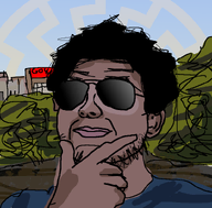 MarceCatfish aviator_glasses buildings bush hair hand_on_chin mutt outdoors smirk sonnenrad stubble variant:unknown // 802x790 // 111.5KB