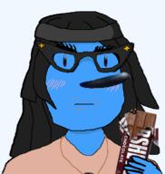blue_skin chocolate clothes female glasses hair hand holding_object large_nose necklace st_michael's_cross variant:soytan visceral_duty vulnerable // 659x697 // 123.7KB