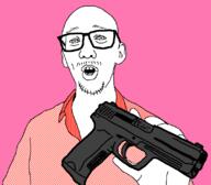 arm clothes ear firearm glasses gun hand holding_gun holding_object holding_pistol mustache open_mouth pistol soyjak stubble text variant:unknown weapon // 807x705 // 14.9KB