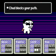 angry animated arm_band closed_mouth earthbound glasses hair nintendo pixel_art soyjak swastika text variant:chudjak video video_game // 256x223 // 6.3MB