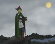 baikal boots brown_hair chainmail cloud coat coat_of_arms drawn_background eyebrows eyes forest full_body glove helmet holding_object irkutsk long_hair mountain one_eye side_profile sky sun tolkien variant:chudjak water // 2560x2048 // 3.5MB
