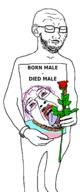 closed_eyes flag:transgender_pride_flag frown glasses holding_object its_over mourning rope rose sad sign stubble subvariant:mournjak text tranny variant:bernd variant:soyak watch white_background // 840x1960 // 76.4KB