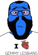 beard blue blue_skin calm closed_mouth clothes gem glasses hair heart i_love lesbian meta:ai_generated open_mouth smile soyjak subvariant:science_lover tshirt variant:dustin variant:markiplier_soyjak // 840x1217 // 116.9KB