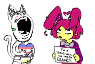 animal animal_ears blush bow bunny_ears cat_ear clothes diaper flag:transgender_pride_flag furry glasses gums heart holding_heart holding_object meta:bait neck nose open_mouth piss purple_eyes purple_hair sign soyjak stomach_book stubble subvariant:wholesome_soyjak tail teeth tongue tranny tranny_artstyle transheart variant:gapejak white_background yellow_skin zillyjak // 1098x736 // 34.0KB