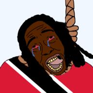 alternate black_skin bloodshot_eyes clothes crying flag:trinidad_and_tobago hair hanging nigger open_mouth rope soyjak suicide tongue trinidad_and_tobago variant:rizzjak yellow_teeth // 3464x3464 // 1.2MB