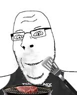 apron clothes cooking food glasses grill grilling hair smile soyjak spatula steak steam stubble subvariant:nucob teeth text variant:cobson wholesome // 541x671 // 137.6KB