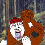 2soyjaks ack animal axe bald beanie bloodshot_eyes blue_eyes buck_teeth buff choke_hold clothes crying ear forest fur ginger glasses hat headlock holding_axe holding_object lumberjack moss mustache open_mouth outdoors outside soyjak squirrel strangling stubble subvariant:ominous_impish_squirrel the_weak_should_fear_the_strong tree variant:bernd variant:impish_soyak_ears whisker yellow_teeth // 1620x1625 // 4.4MB