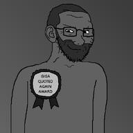 arm award badge beard closed_mouth ear giga_award gigachad gigaquoting glasses grey_background grey_skin nas:gigachad ribbon smirk smug soyjak stubble subvariant:soyak_(smug) subvariant:soyak_ears text variant:soyak // 600x600 // 16.1KB