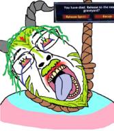 beard bloodshot_eyes crying demon glasses green_eyes green_hair hair hanging horn mustache rope soyjak suicide tongue tranny variant:bernd // 768x882 // 798.6KB