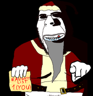 (you) beard belt biting_lip closed_mouth clothes creepy dark drool holding_object holding_sign list naughty_list night pants_down paper pointing pointing_at_viewer rape santa santa_hat scary subvariant:hornyson text tongue variant:cobson // 1548x1605 // 59.2KB