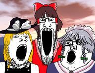 3soyjaks anime bowtie brown_hair clothes glasses grey_hair hakurei_reimu hat izayoi_sakuya kirisame_marisa open_mouth sky soyjak soyjak_trio stretched_mouth stubble touhou variant:gapejak variant:markiplier_soyjak variant:tony_soprano_soyjak video_game yellow_hair // 1596x1232 // 448.1KB