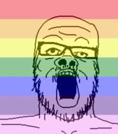 flag glasses lgbt mustache open_mouth soyjak stubble variant:a24_slowburn_soyjak // 454x520 // 11.5KB