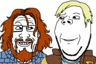 2soyjaks are_you_soying_what_im_soying beard beard_(hotline_miami) brown_hair closed_mouth clothes glasses grin hair hotline_miami jacket_(hotline_miami) looking_at_each_other mustache smile soyjak stubble variant:markiplier_soyjak video_game yellow_hair // 1200x800 // 158.6KB