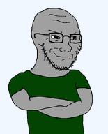 arm closed_mouth clothes crossed_arms glasses green_shirt grey_skin smile smug soyjak spammer stubble subvariant:soyak_(smug) transparent_background variant:soyak // 564x699 // 14.0KB
