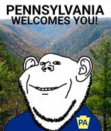 badge clothes ear forest irl_background pennsylvania smile soyjak stubble text tree variant:impish_soyak_ears // 1009x1196 // 610.4KB