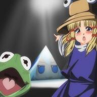 animal anime blue_hair cirno closed_mouth clothes frog green_skin hat kermit_the_frog meta:nas moriya_suwako open_mouth pointing smile soy_parody the_muppets tongue touhou triangle variant:two_pointing_soyjaks video_game yellow_hair // 2000x2000 // 409.4KB