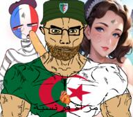 algeria arab arabic_text baguette beard berber beret blush blushing buff bvll cap clothes countryhuman crescent crescent_and_star female flag:algeria flag:france france french_women girl glasses green_eyes hat i_heart islam military muscles patrol_cap queen_of_spades saliva sandnigger shield soyjak star star_and_crescent strong subvariant:chudjak_front subvariant:muscular_chud tan_skin tifinagh tongue variant:chudjak vein women yaz // 1059x929 // 666.4KB