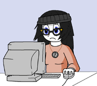 avengers black_hair blue_background blue_eyes closed_mouth computer glasses hand holding_object keyboard long_hair meta:not_oc monitor mouse necklace neutral sitting table variant:soytan // 870x780 // 24.9KB