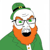 angry bald beard belt clothes clover ginger_beard glasses green_clothes green_eyes green_hat leprechaun leprechaun_hat open_mouth orange_eyebrows soyjak variant:feraljak // 1024x1024 // 323.6KB