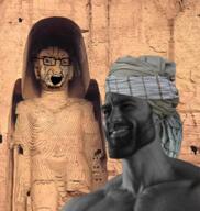 afghan afghanistan bloodshot_eyes buddha buddhism country crying gigachad glasses history irl_background objectsoy open_mouth soyjak statue stubble taliban variant:soyak // 1122x1186 // 1.4MB