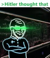 adolf_hitler bald black_skin chalkboard closed_mouth clothes collared_shirt crossed_arms glasses glowing_eyes greentext inverted looking_to_the_right smart smile smirk smug stubble subvariant:soyak_(smug) text variant:soyak // 833x971 // 909.9KB