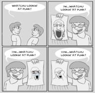 chad comic crying duel glasses holding_object open_mouth portrayed_as_the_soyjak soy_duel soyjak speech_bubble stubble text variant:markiplier_soyjak // 2452x2410 // 1.7MB