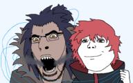 2soyjaks akatsuki akatsuki_uniform angry anime artist:hellcat blue_hair brown_eyes brown_skin cloak closed_mouth clothes eyelids glasses hair hand naruto_(series) open_mouth ponytail puppet red_hair ring sandaime_kazekage sasori_(naruto) sharp_teeth smile smug soyjak stubble subvariant:shoyta variant:cobson variant:gapejak yellow_eyes // 1616x1012 // 56.4KB