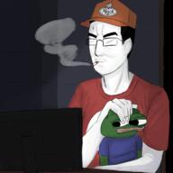 amphibian artist:randjak blue_shirt cap cigarette clothes computer dark drawing frog glasses green_skin hat king_of_the_hill nas:pepe orange_hat pepe_the_frog red_shirt redraw smoke subnas:apu variant:chudjak white_skin // 1378x1378 // 1.1MB