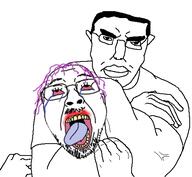 2soyjaks arm bloodshot_eyes buff choke_hold chud clothes ear glasses hair hand headlock makeup mustache open_mouth purple_hair soyjak strangling stubble subvariant:pol_face the_weak_should_fear_the_strong tongue tranny tshirt variant:bernd variant:chudjak // 499x461 // 76.7KB