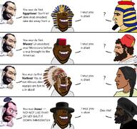 african_american black_hebrew_israelite black_skin clothes egypt feather_hat feathers happy_merchant hat jewish_nose jews judaism kike kippah moor moorish morocco nas:merchant nas:tyrone native native_american pharaoh subvariant:impish_amerimutt subvariant:impish_tyrone variant:impish_soyak_ears we_wuz_kangz // 1654x1564 // 1.3MB