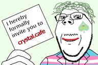 crystal_cafe eyelashes get glasses green_hair holding_object invite lipstick long_hair meta:tagme mustache smile soyjak spade stubble subvariant:wholesome_soyjak text tranny variant:gapejak // 1200x800 // 190.6KB