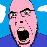 drawn_background glasses golden_tooth green_eyes open_mouth sky soyjak stubble variant:cobson white_skin // 720x719 // 21.6KB