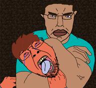 2soyjaks arm bloodshot_eyes blue_eyes brown_eyes brown_hair buff clothes crying eyebrows glasses hair hand lips minecraft orange_skin steve_(minecraft) strangling stubble subvariant:chudjak_front subvariant:pol_face teeth terraria the_weak_should_fear_the_strong tongue troonaria variant:bernd variant:chudjak // 1996x1844 // 214.7KB