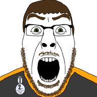 accessory anonymous artist:toniylijani award black_shirt brown_hair chud_(soybooru) dan facial_hair front_facing glasses green_eyes looking_at_you orange_shirt soyteen stubble subvariant:cobson_front2 variant:cobson white_skin wrinkles // 800x800 // 29.2KB