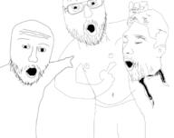 3soyjaks arm blood ear glasses gore hair hand holding_object holding_severed_head nipple open_mouth pointing severed_head soyjak stubble variant:two_pointing_soyjaks variant:unknown // 680x538 // 105.7KB