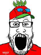 IT2GB broot broot_2026 brootal brootism brootist campaign cap clothes glasses hat leaf logo open_mouth red_shirt red_skin series:administ_soyjaks stubble variant:impish_soyak_ears variant:markiplier_soyjak // 600x800 // 26.1KB