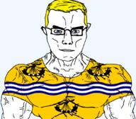 arm aryan blue_eyes british buff closed_mouth clothes ear flag flag:outer_hebrides glasses hair longship outer_hebrides river scotland ship soyjak subvariant:chudjak_front subvariant:muscular_chud tshirt united_kingdom variant:chudjak vein water yellow_hair // 1059x929 // 138.3KB
