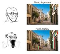 argentina brown_skin building crying flag glasses hand hands_up hanging irl irl_background italy leg open_mouth place_japan rope street stubble subvariant:wewjak text tongue variant:chudjak variant:soyak // 1519x1383 // 1.8MB