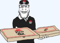 arm black_shirt box clothes collar delivery delivery_boy dox glasses hand hat holding_object looking_at_you pizza pizza_hut restoration smile soyjak stubble variant:markiplier_soyjak // 1100x790 // 28.1KB