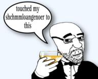 biting_lip bowtie closed_mouth clothes drink glass glasses holding_object raised_eyebrow shchmolongner smirk smug soyjak stubble suit text toast tuxedo variant:kliksjak wine // 250x200 // 37.2KB