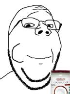 animated coconut eating glasses oil oil_pulling soyjak stubble subvariant:wholesome_soyjak variant:gapejak // 600x800 // 52.0KB