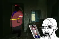 animal armband bald brown_skin clothes creepypasta dagger dark ear english_text evil fat general grey_tongue hat hiding imminent_death irl_background jimbo_(namefag) meta:namefags moistpepper_(user) name_tag niko_(oneshot) oneshot phone red_text room scared series:eatlers stubble subvariant:doctos subvariant:massjak subvariant:massmeowjak suit variant:alicia variant:gapejak variant:soyak virus white_skin yelling // 3000x1996 // 1.8MB