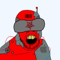 antenna apple_(company) barcode blood cyborg demon drool facebook facial_mark forehead_mark logo mark_of_the_beast open_mouth pentagram soyjak stubble variant:feraljak virtual_reality wires yellow_teeth // 1500x1500 // 108.1KB