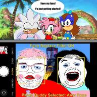 amy_rose blaze_the_cat glasses hair himedanshi iphone long_hair makeup open_mouth pink_hair sega selfie silver_the_hedgehog sonic soyjak stubble text tranny variant:alicia variant:unknown video_game yuri // 1080x1080 // 974.5KB