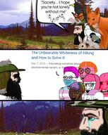 2soyjaks angry beard brown_eyes crying glasses hiking nature open_mouth pink_hair pink_skin soyjak stubble text tranny variant:soyak // 1020x1280 // 201.9KB