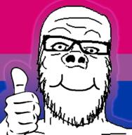 bisexual closed_mouth flag flag:bisexual_pride_flag glasses hand lgbt pride_flag smile soyjak stubble thumbs_up variant:a24_slowburn_soyjak // 600x612 // 73.9KB